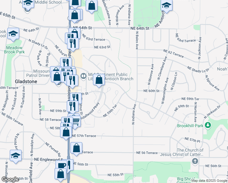 map of restaurants, bars, coffee shops, grocery stores, and more near 6014 North Bellefontaine Avenue in Gladstone