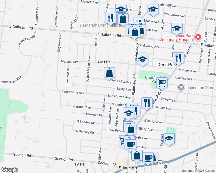 map of restaurants, bars, coffee shops, grocery stores, and more near 3909 O'Leary Avenue in Cincinnati