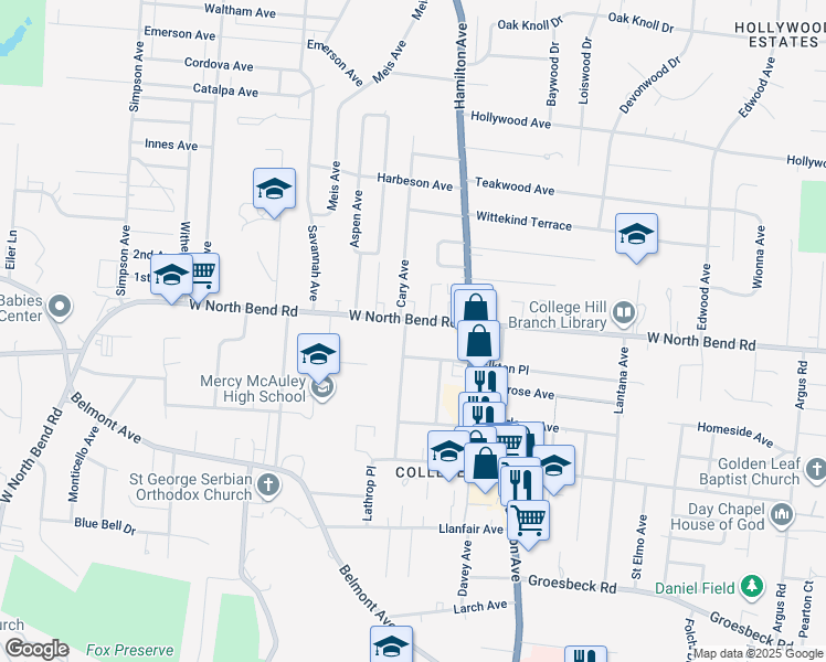 map of restaurants, bars, coffee shops, grocery stores, and more near 6119 Cary Avenue in Cincinnati