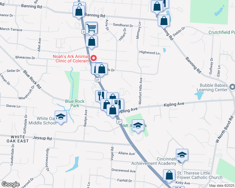 map of restaurants, bars, coffee shops, grocery stores, and more near 5856 Shadymist Lane in Cincinnati