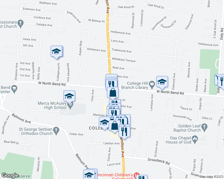 map of restaurants, bars, coffee shops, grocery stores, and more near 6128 Hamilton Avenue in Cincinnati