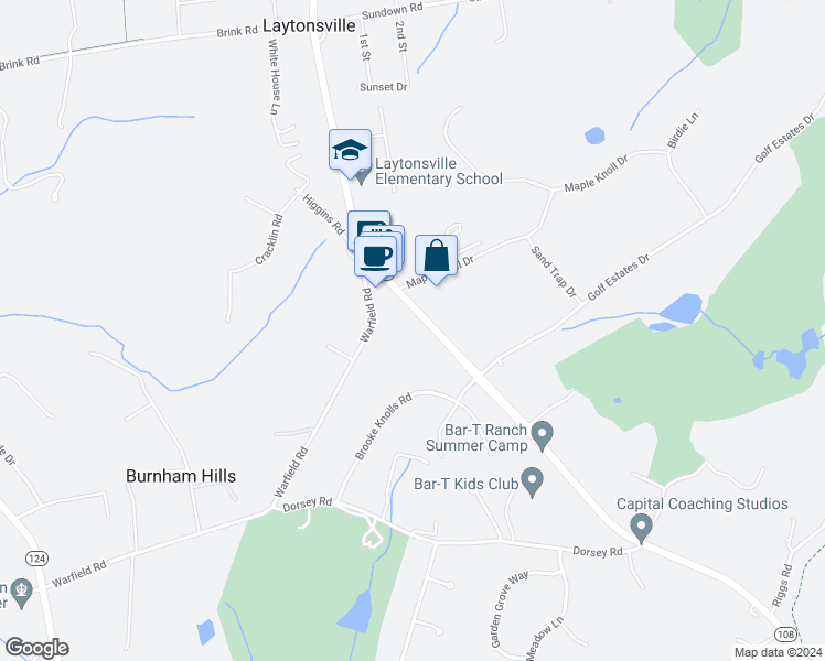 map of restaurants, bars, coffee shops, grocery stores, and more near 6800 Olney Laytonsville Road in Gaithersburg