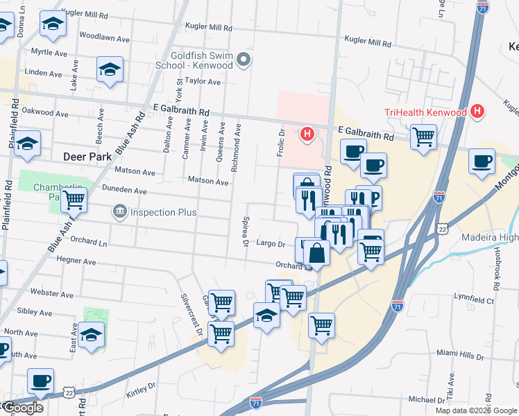 map of restaurants, bars, coffee shops, grocery stores, and more near 7840 Styrax Lane in Cincinnati