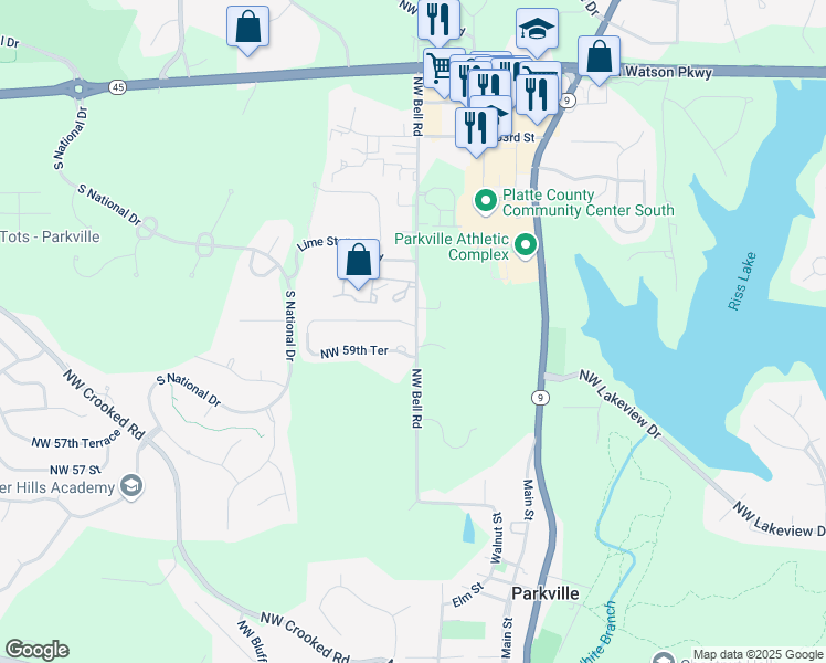 map of restaurants, bars, coffee shops, grocery stores, and more near 9203 Northwest 60 Street in Parkville