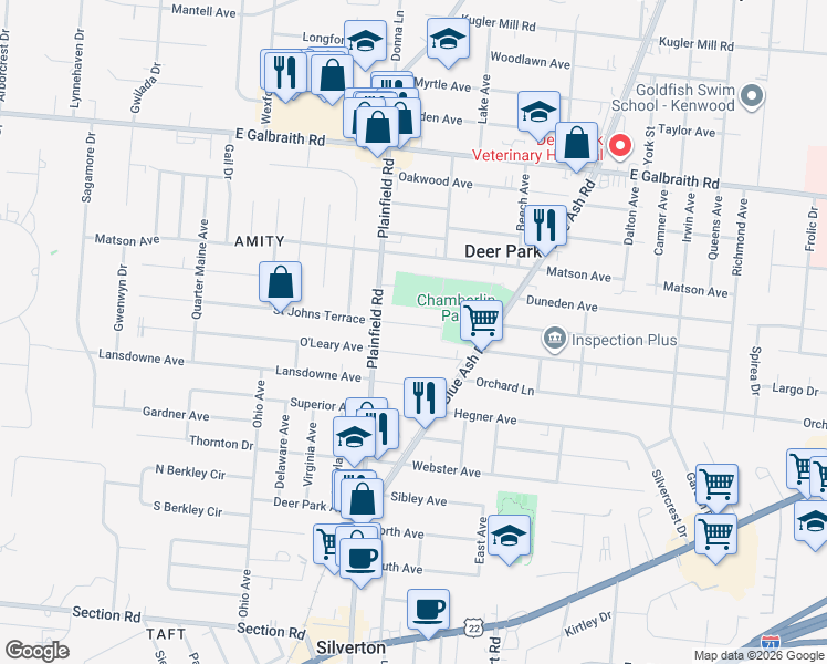 map of restaurants, bars, coffee shops, grocery stores, and more near 4144 O'Leary Avenue in Cincinnati