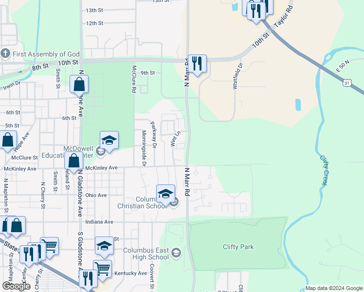 map of restaurants, bars, coffee shops, grocery stores, and more near 3285 Prestwick Court in Columbus