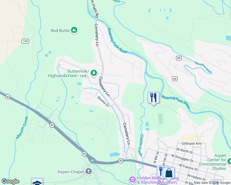 map of restaurants, bars, coffee shops, grocery stores, and more near 1237 Bunny Court in Aspen