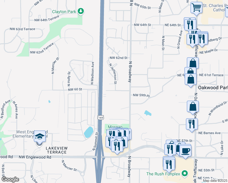map of restaurants, bars, coffee shops, grocery stores, and more near 729 Northwest 60th Street in Kansas City