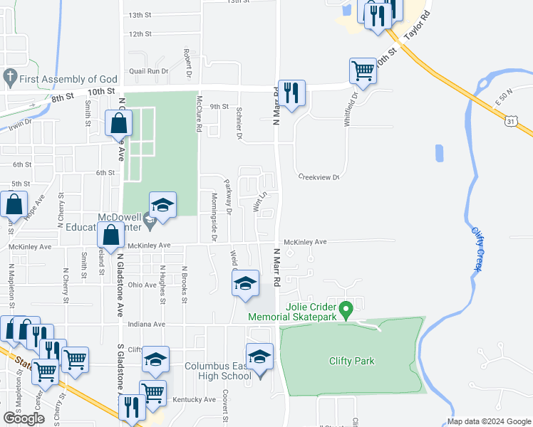 map of restaurants, bars, coffee shops, grocery stores, and more near 3285 Prestwick Court in Columbus