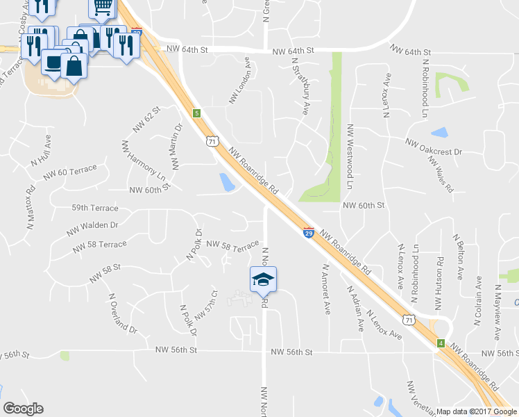 map of restaurants, bars, coffee shops, grocery stores, and more near 5964 North Northwood Road in Kansas City