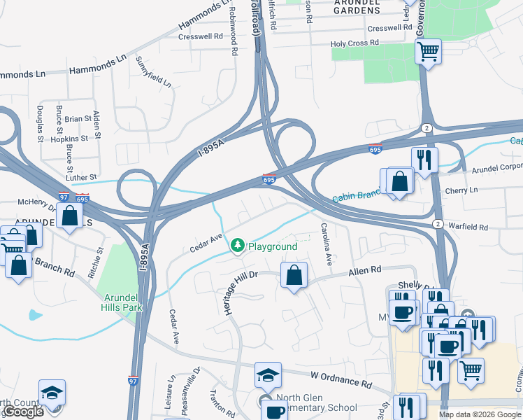 map of restaurants, bars, coffee shops, grocery stores, and more near 800 Cedar Avenue in Glen Burnie