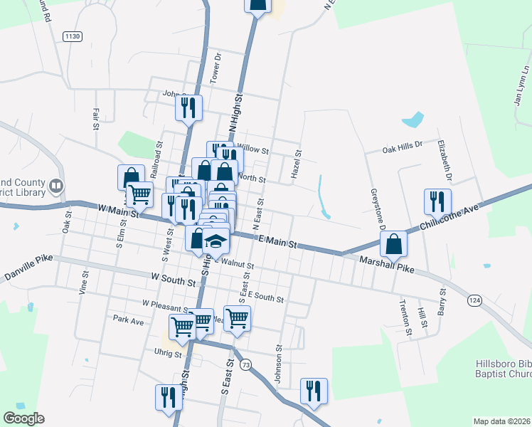 map of restaurants, bars, coffee shops, grocery stores, and more near in Hillsboro
