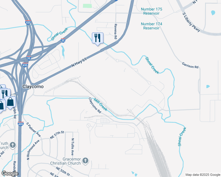 map of restaurants, bars, coffee shops, grocery stores, and more near 8121 U.S. 69 in Kansas City