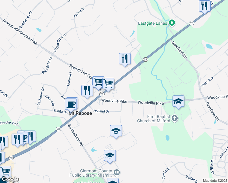 map of restaurants, bars, coffee shops, grocery stores, and more near 1285 Ohio 28 in Milford