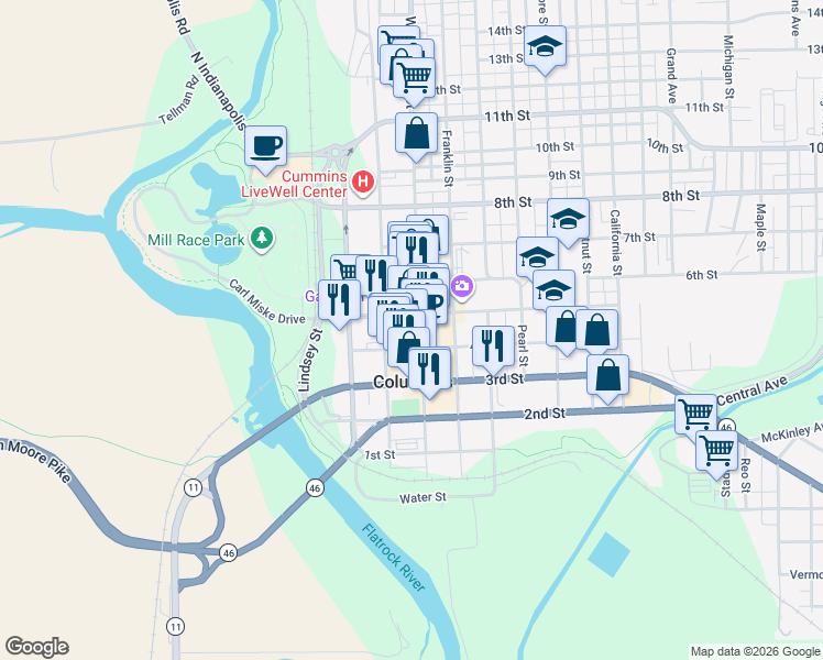 map of restaurants, bars, coffee shops, grocery stores, and more near 326 4th Street in Columbus