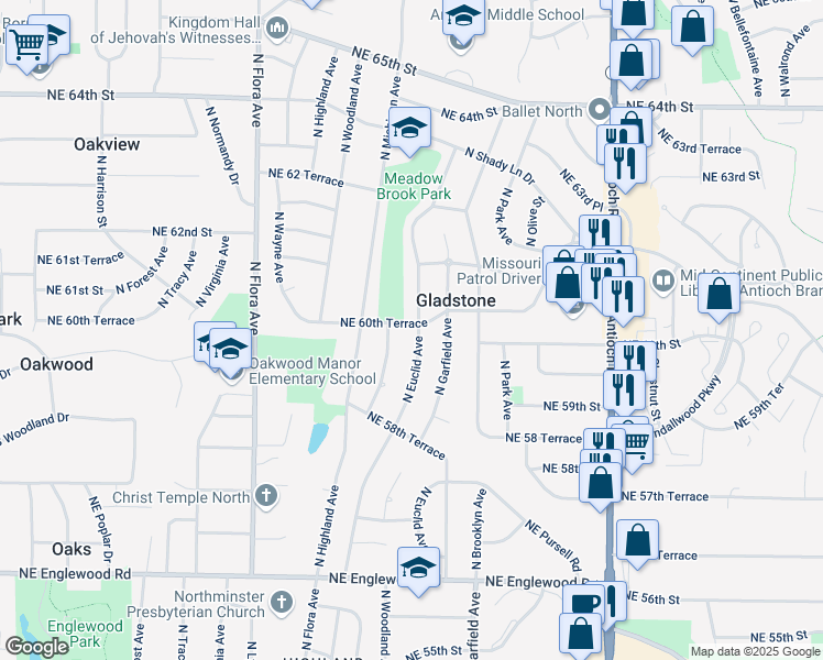 map of restaurants, bars, coffee shops, grocery stores, and more near 6002 North Euclid Avenue in Kansas City