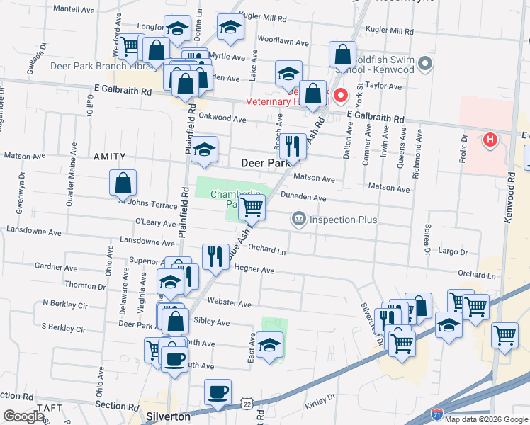 map of restaurants, bars, coffee shops, grocery stores, and more near 4216 Clifford Road in Deer Park