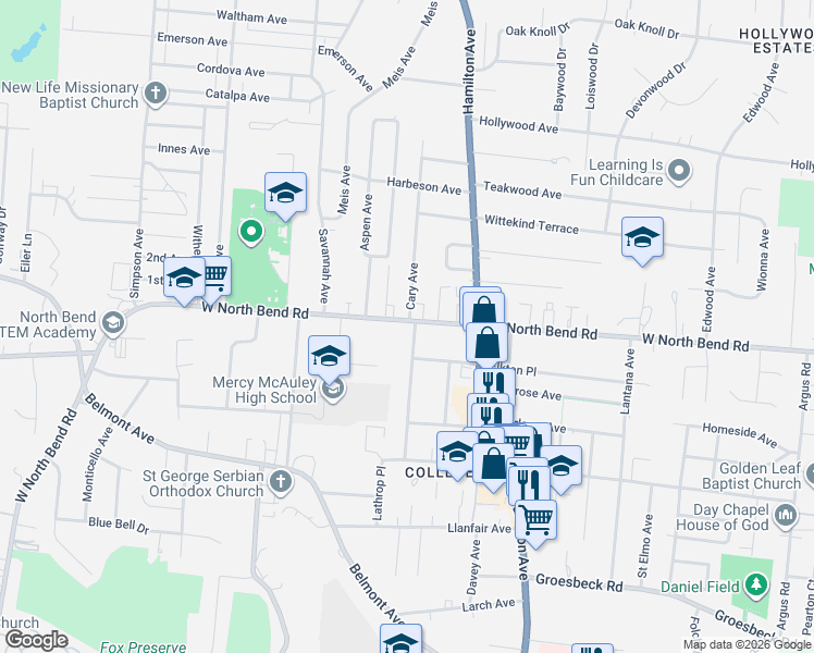 map of restaurants, bars, coffee shops, grocery stores, and more near 6119 Cary Avenue in Cincinnati