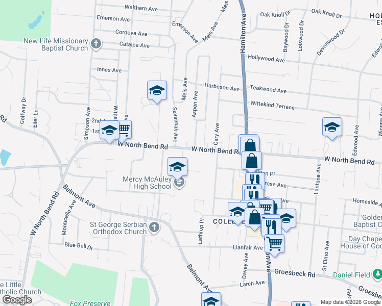 map of restaurants, bars, coffee shops, grocery stores, and more near 1749 West North Bend Road in Cincinnati