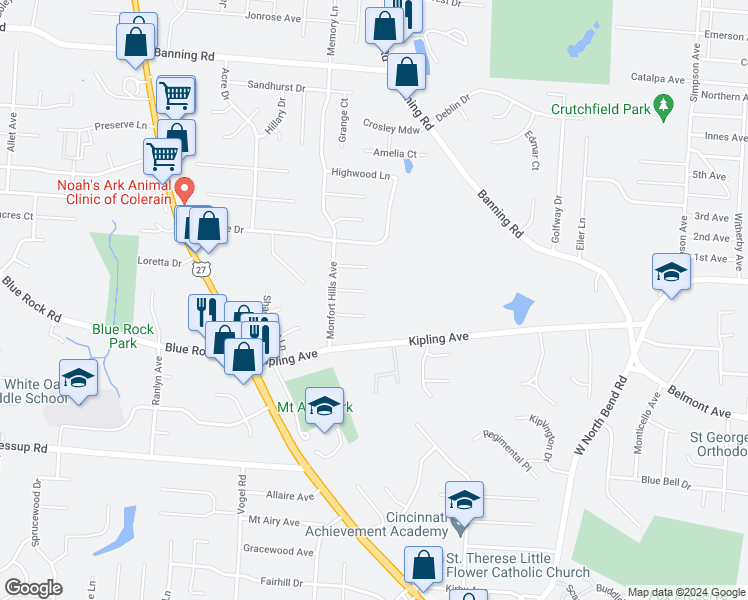 map of restaurants, bars, coffee shops, grocery stores, and more near 2500 Airy Court in Cincinnati