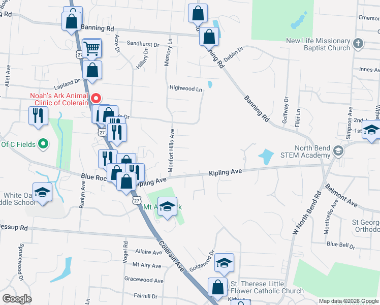 map of restaurants, bars, coffee shops, grocery stores, and more near 2500 Airy Court in Cincinnati