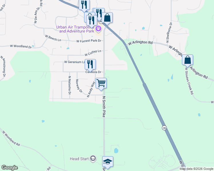 map of restaurants, bars, coffee shops, grocery stores, and more near 2994-3022 North Smith Pike in Bloomington