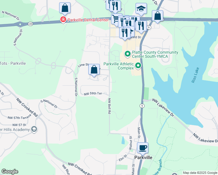 map of restaurants, bars, coffee shops, grocery stores, and more near 9202 Northeast 59th Terrace in Parkville