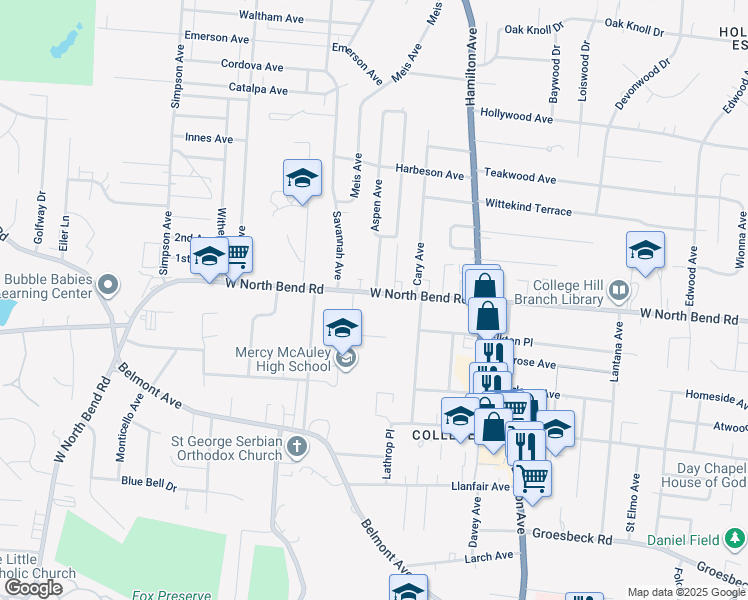 map of restaurants, bars, coffee shops, grocery stores, and more near 1749 West North Bend Road in Cincinnati
