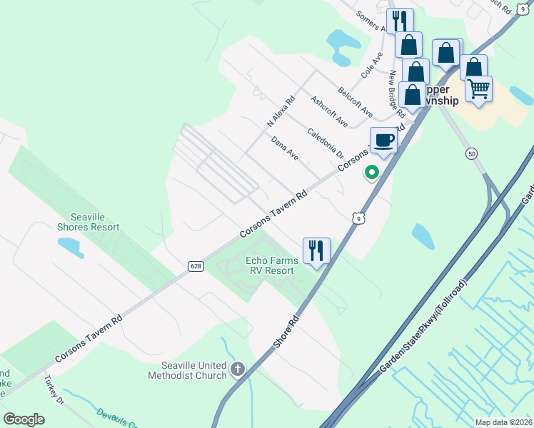 map of restaurants, bars, coffee shops, grocery stores, and more near 53-57 Corsons Tavern Road in Cape May County