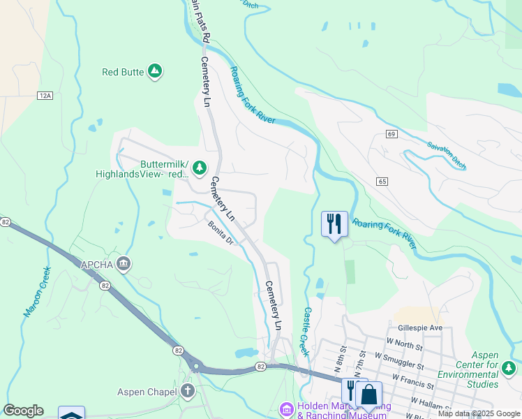 map of restaurants, bars, coffee shops, grocery stores, and more near 1230 Snowbunny Lane in Aspen