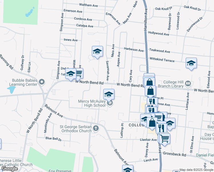 map of restaurants, bars, coffee shops, grocery stores, and more near 6109 Belleair Place in Cincinnati