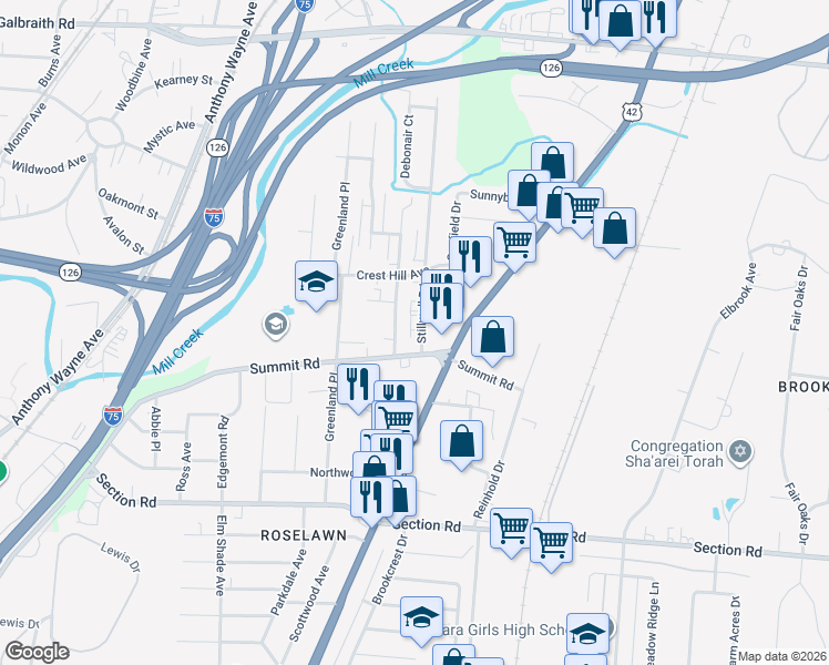 map of restaurants, bars, coffee shops, grocery stores, and more near 1644 Summit Road in Cincinnati