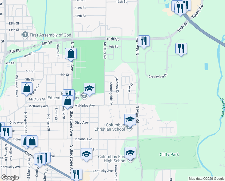map of restaurants, bars, coffee shops, grocery stores, and more near 360 Parkway Drive in Columbus