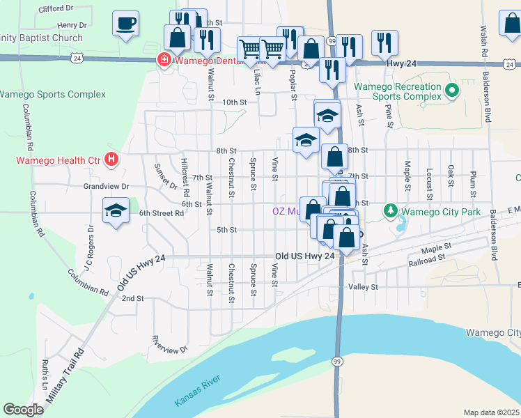 map of restaurants, bars, coffee shops, grocery stores, and more near 512 Spruce Street in Wamego