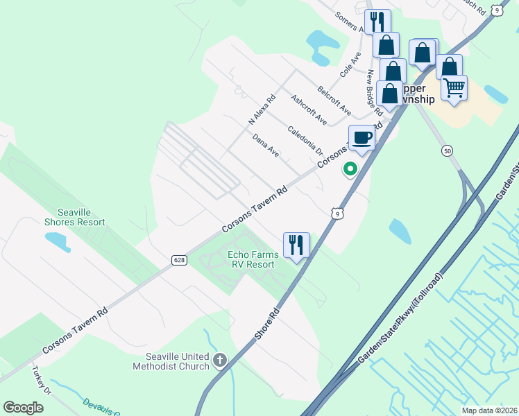 map of restaurants, bars, coffee shops, grocery stores, and more near 53-57 Corsons Tavern Road in Cape May County
