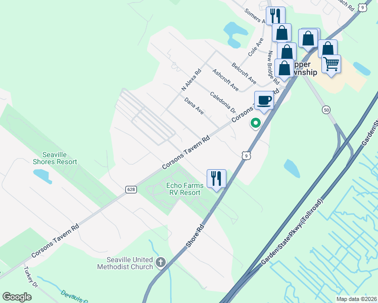 map of restaurants, bars, coffee shops, grocery stores, and more near 53-57 Corsons Tavern Road in Cape May County