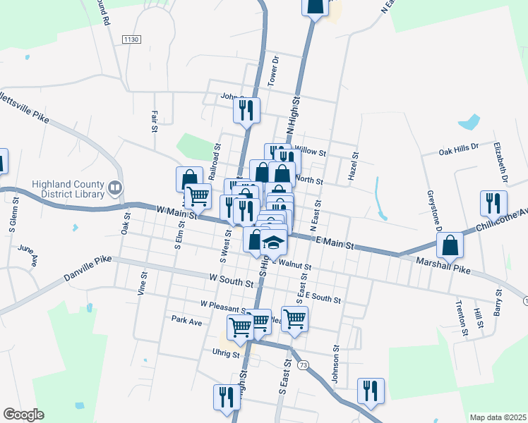 map of restaurants, bars, coffee shops, grocery stores, and more near in Hillsboro