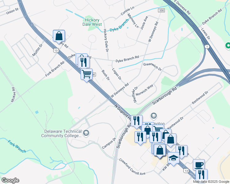 map of restaurants, bars, coffee shops, grocery stores, and more near 3626 North Dupont Highway in Dover