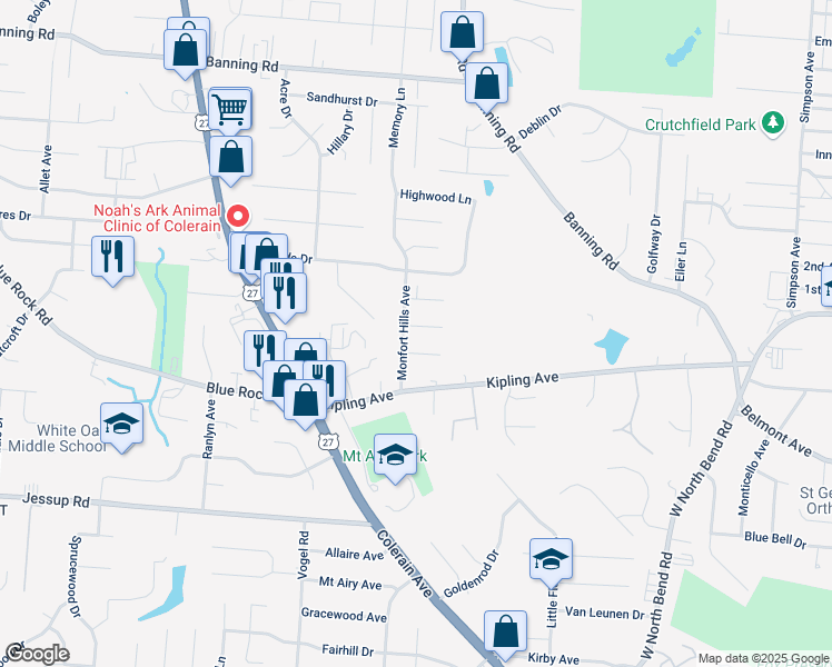 map of restaurants, bars, coffee shops, grocery stores, and more near 5826 Monfort Hills Avenue in Cincinnati