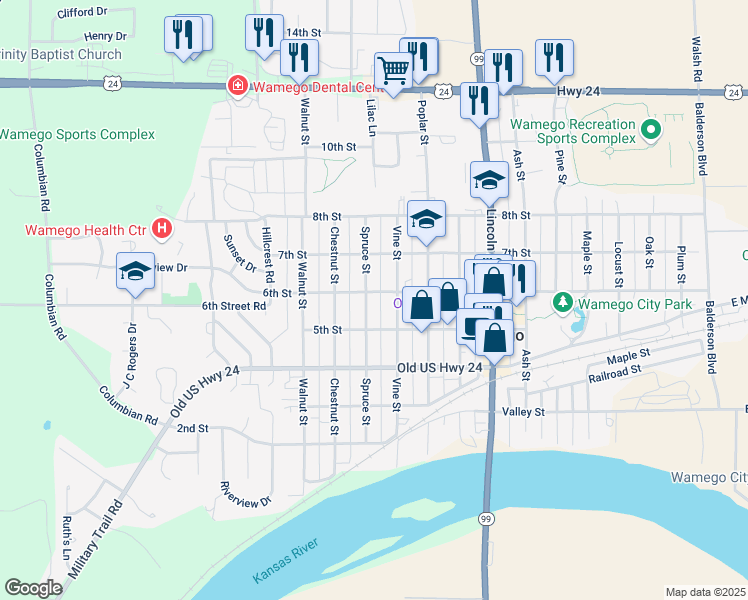 map of restaurants, bars, coffee shops, grocery stores, and more near 505 Spruce Street in Wamego