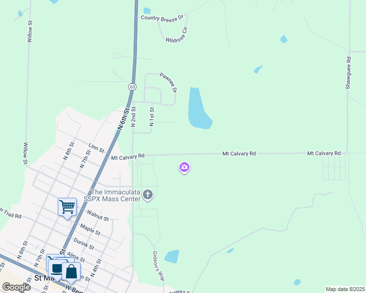 map of restaurants, bars, coffee shops, grocery stores, and more near 28175 Mount Calvary Road in Saint Marys