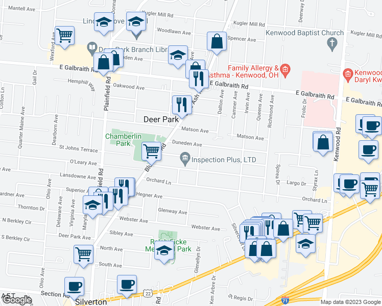 map of restaurants, bars, coffee shops, grocery stores, and more near 4270 Redmont Avenue in Cincinnati
