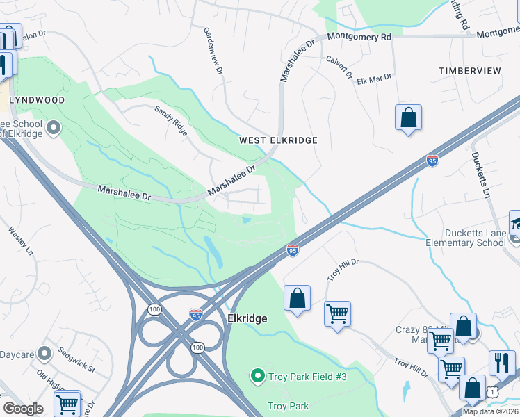 map of restaurants, bars, coffee shops, grocery stores, and more near 7335 Brookview Road in Elkridge