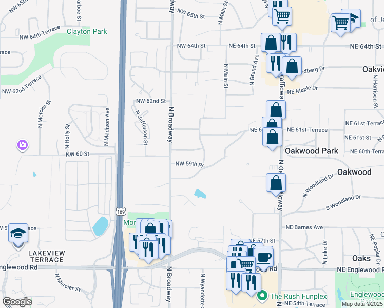map of restaurants, bars, coffee shops, grocery stores, and more near 206 Northwest 59th Place in Kansas City