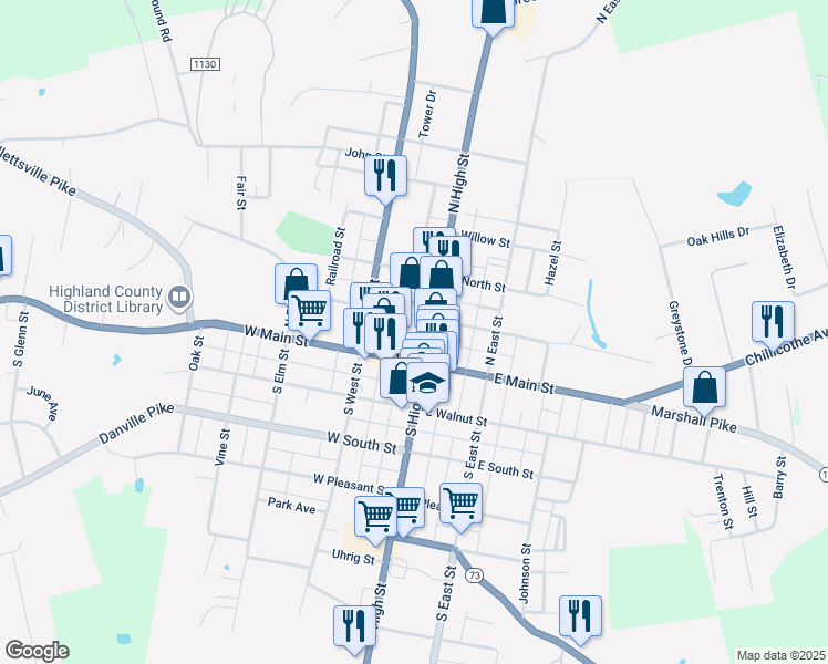map of restaurants, bars, coffee shops, grocery stores, and more near in Hillsboro