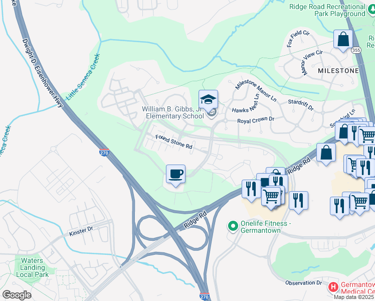 map of restaurants, bars, coffee shops, grocery stores, and more near 12708 Found Stone Road in Germantown