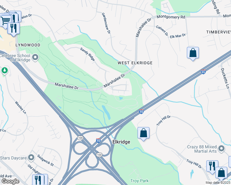 map of restaurants, bars, coffee shops, grocery stores, and more near 7315 Brookview Road in Elkridge