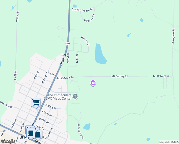 map of restaurants, bars, coffee shops, grocery stores, and more near 28175 Mount Calvary Road in Saint Marys
