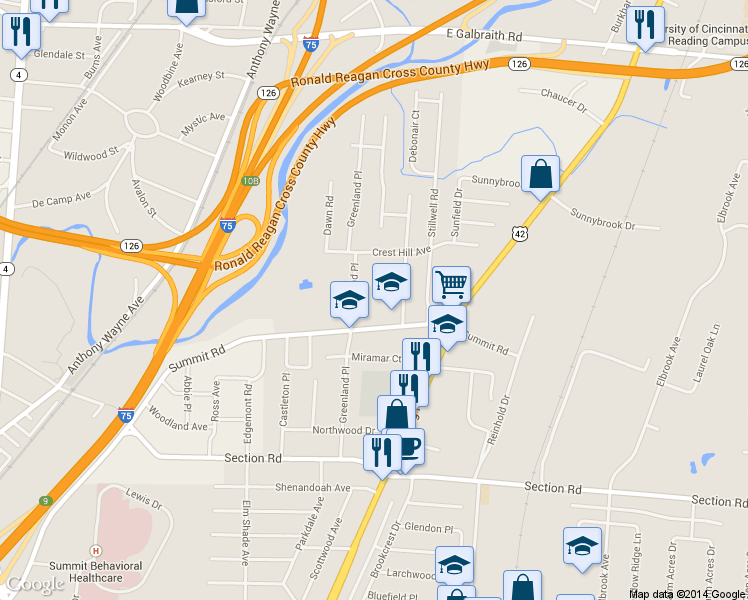map of restaurants, bars, coffee shops, grocery stores, and more near 1612 Summit Road in Cincinnati