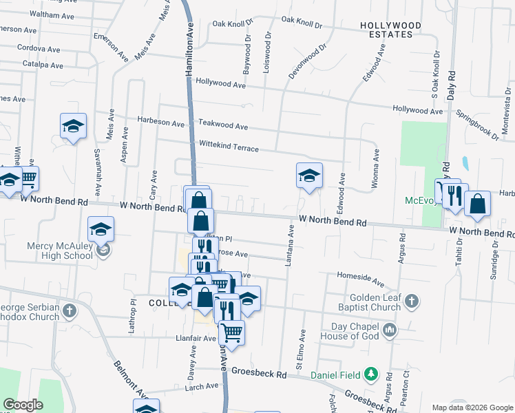 map of restaurants, bars, coffee shops, grocery stores, and more near 1501 West North Bend Road in Cincinnati